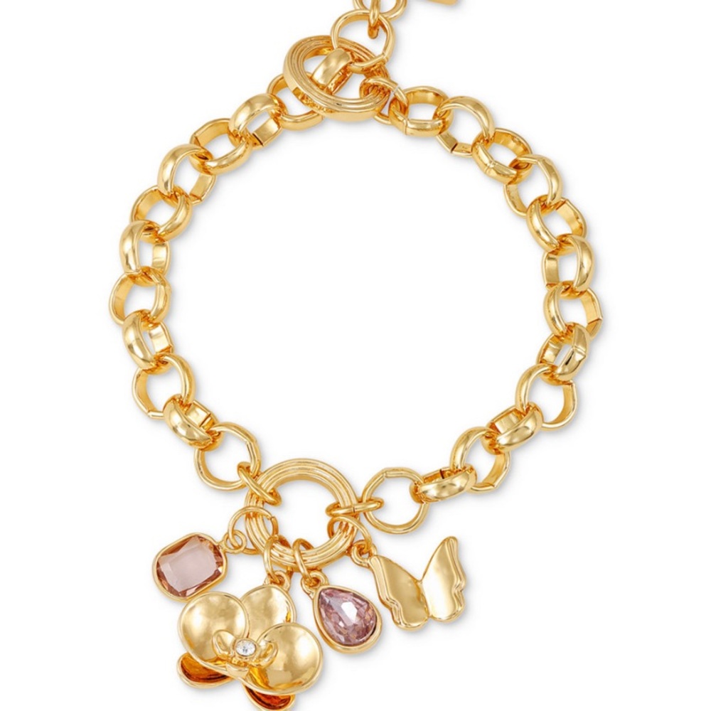 Gold-Tone Mixed Crystal, Flower & Butterfly Charm Bracelet